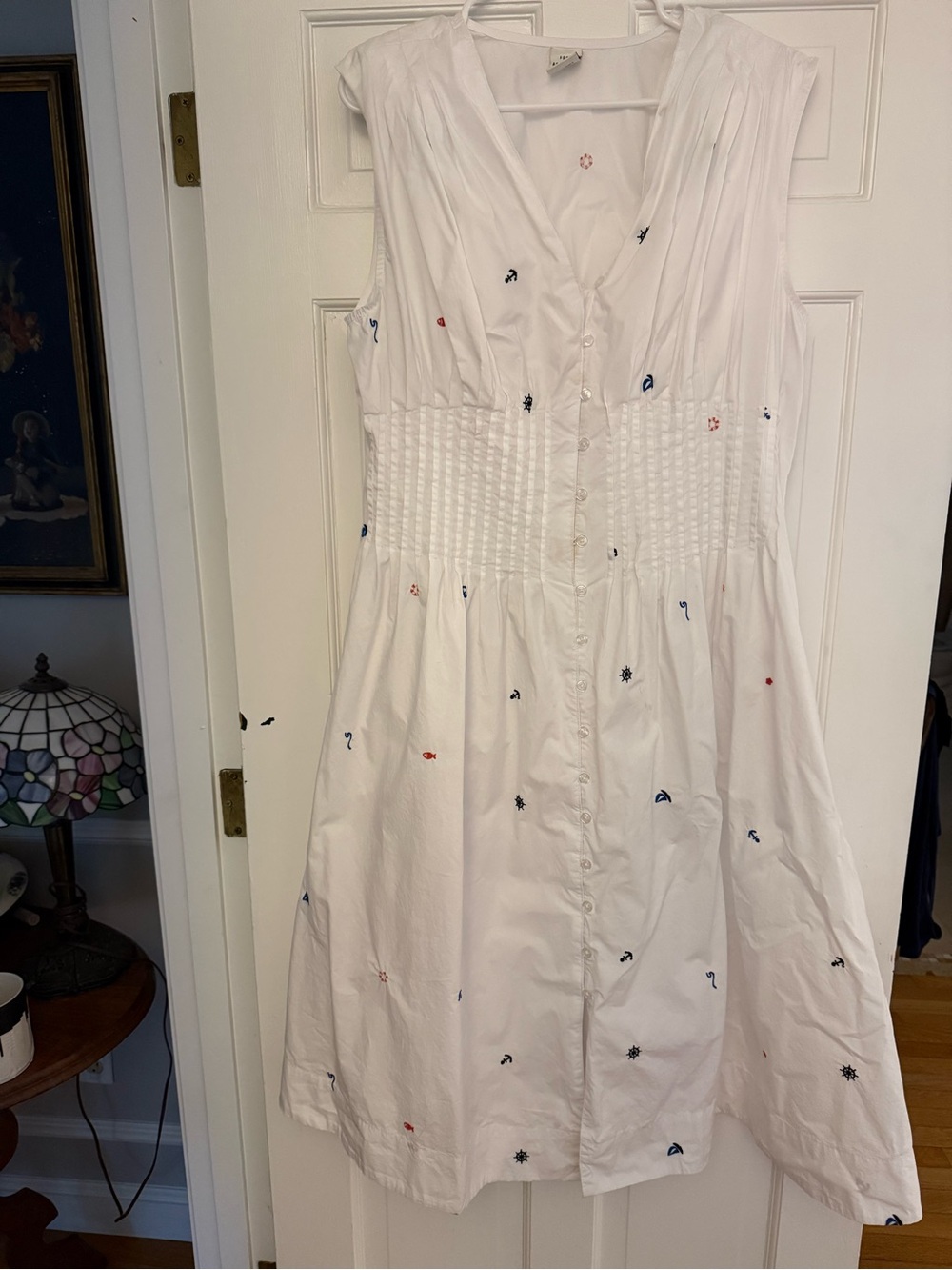 White Sleeveless Button-Front Sundress with Multicolor Embroidery